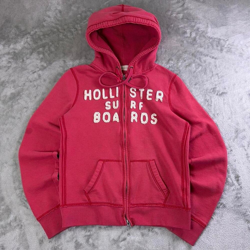 Vintage Y2K Hollister Hoodie Womens Large Pink Surf Boards Full Zip Distressed